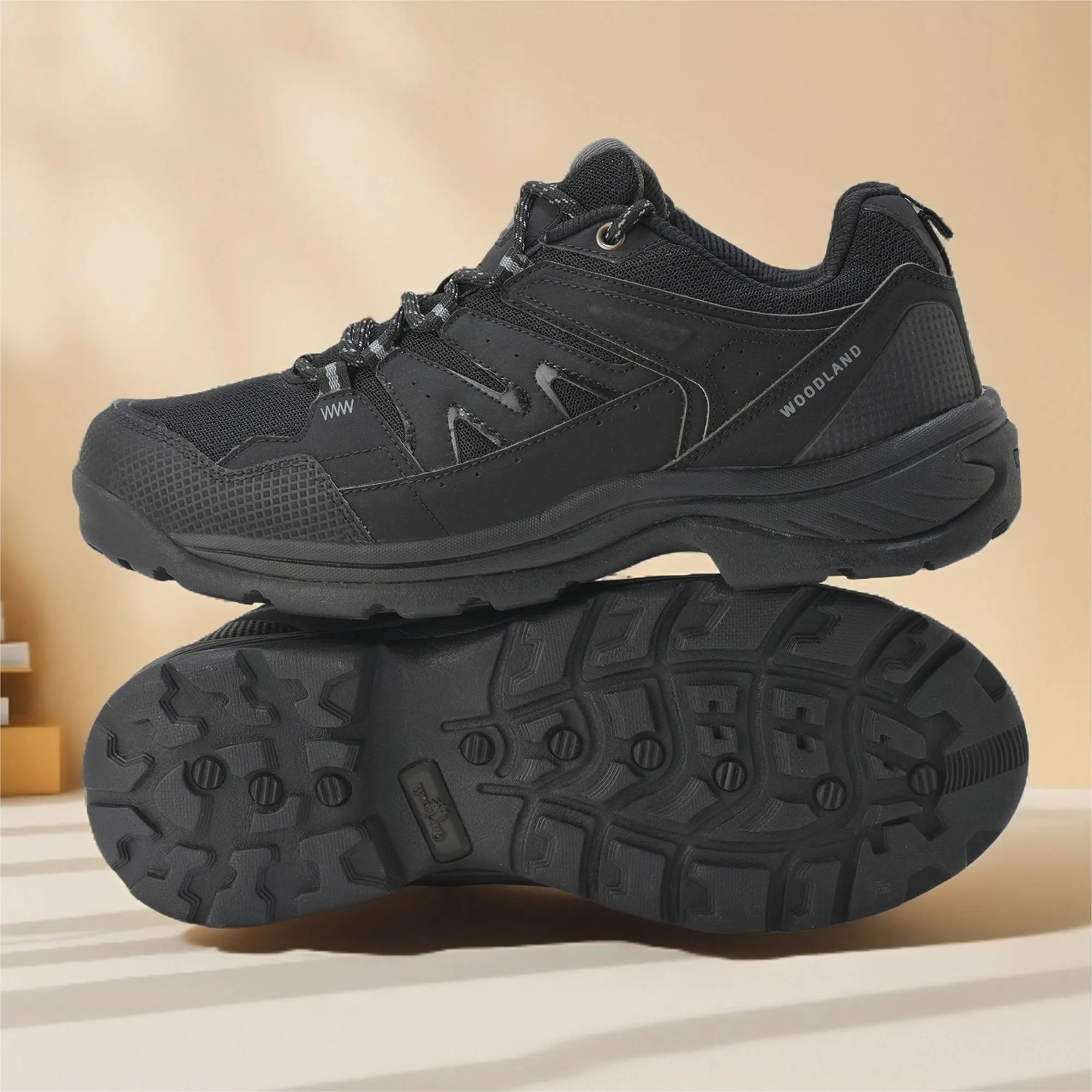 Mesh Pu Black Hiking Shoes For Men | WOODLAND