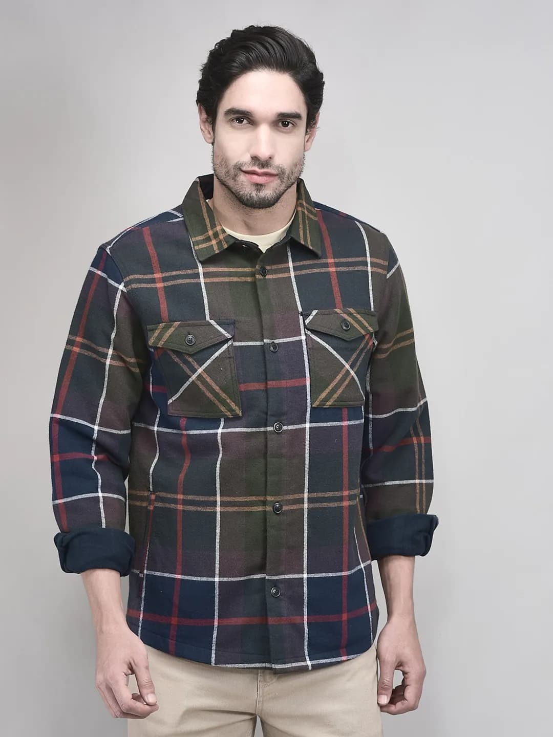 Full Sleeve Navy Multicolour Cotton Shacket | WOODS | Woodlandworldwide