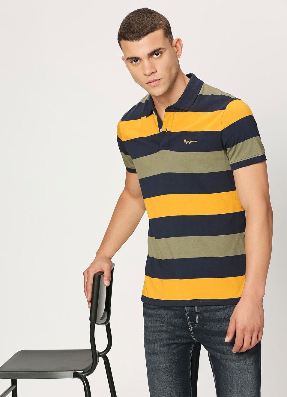 Navy Striped Short Sleeve Polo | Pepejeans