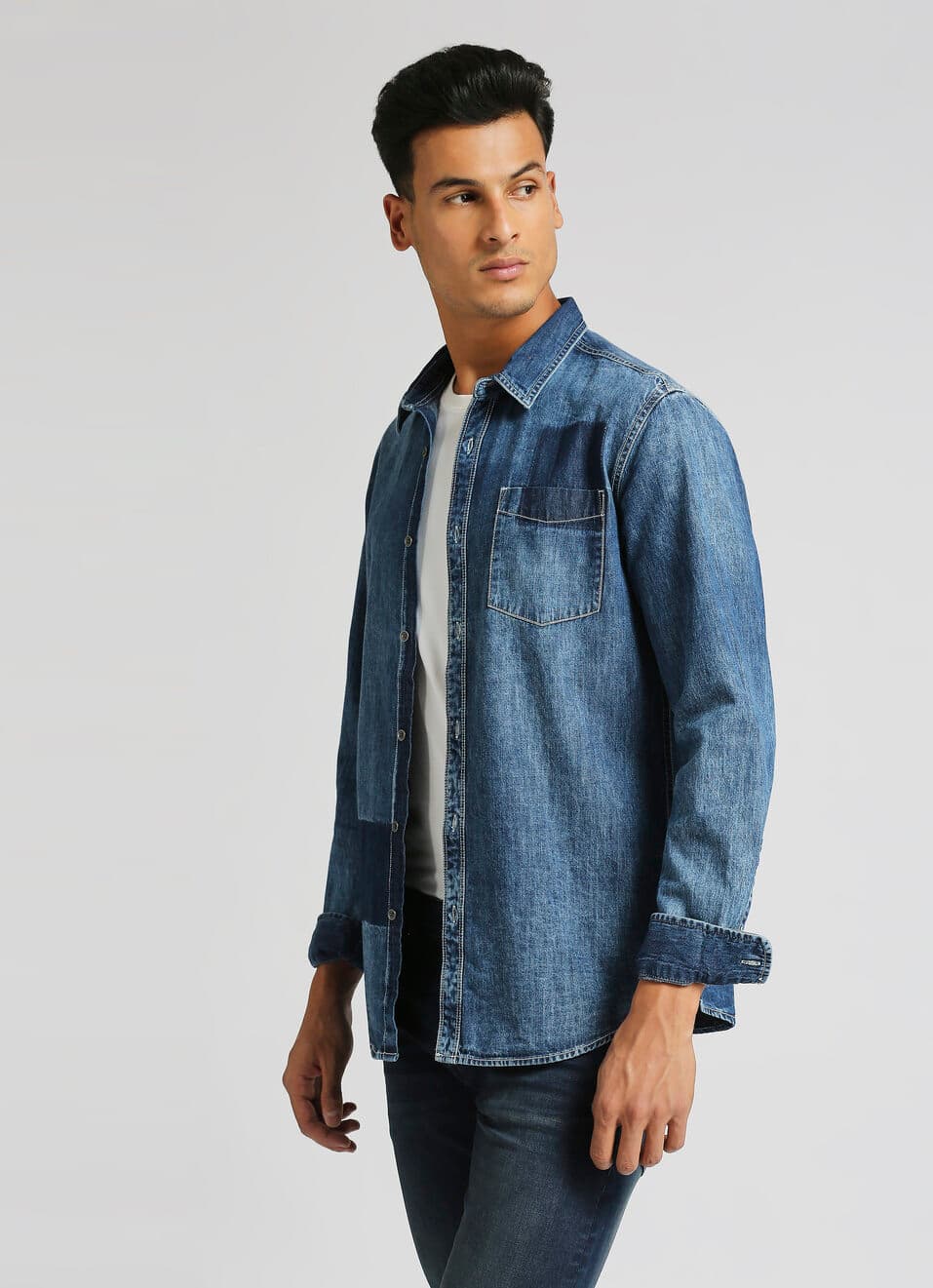 Blue Laser Printed Slim Fit Denim Shirt | Pepejeans