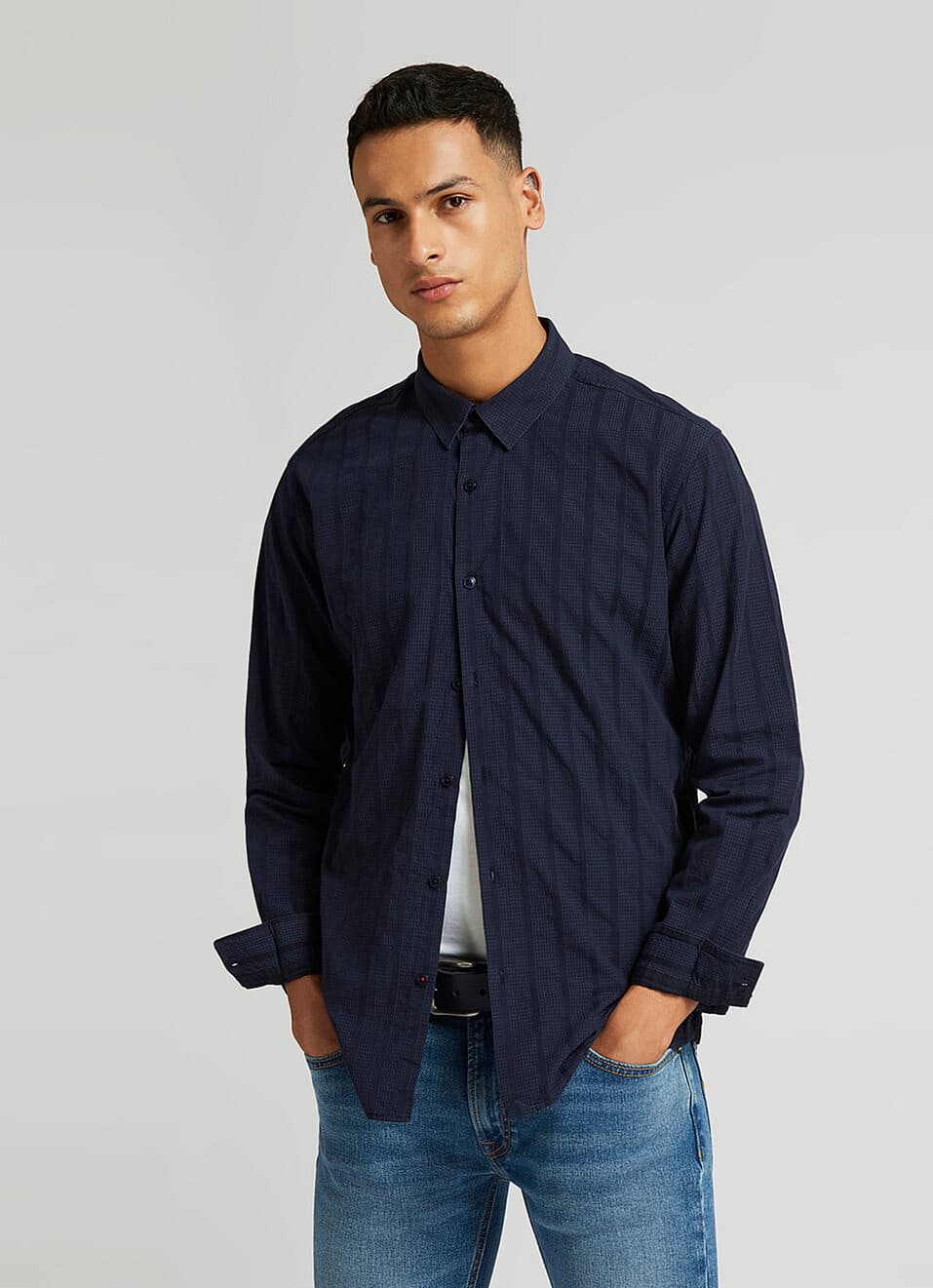 Navy Yarn Dyed Stripes Premium Long Sleeve Shirt | Pepejeans
