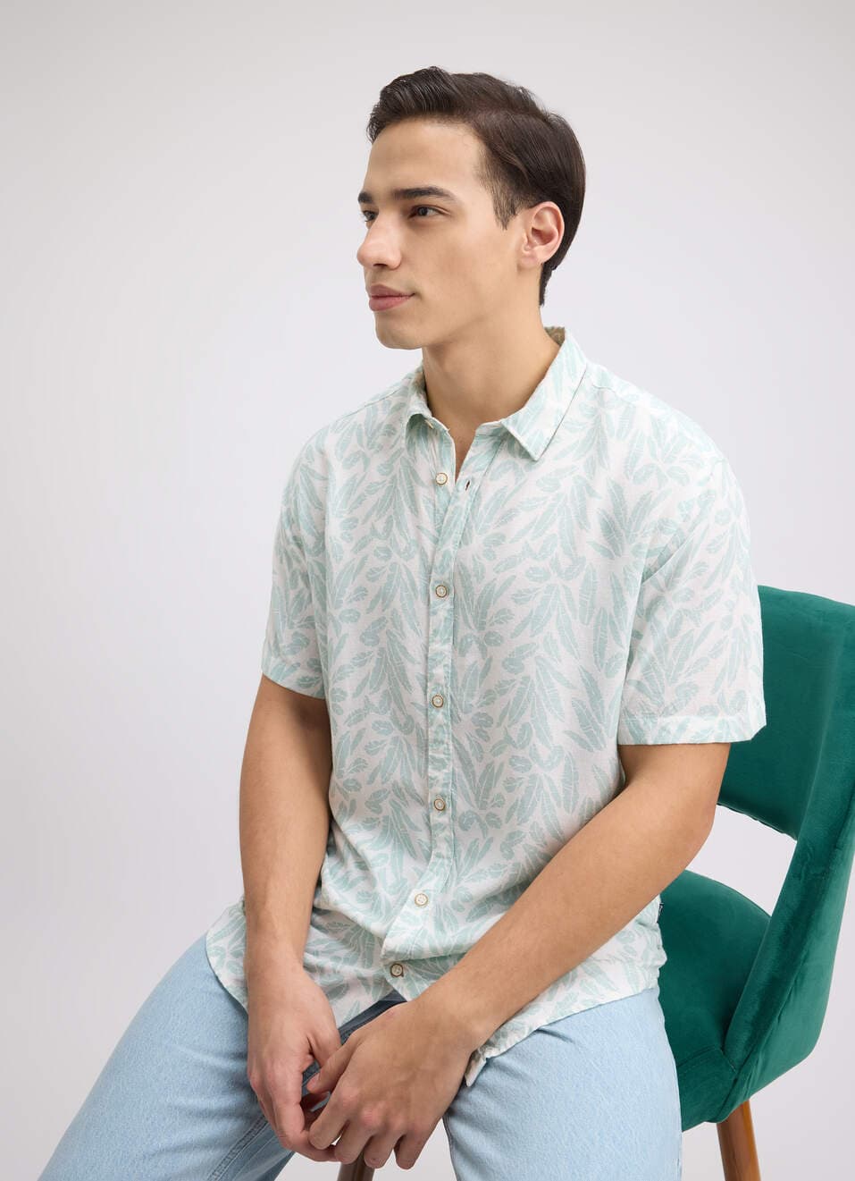 Men Blue Leaf Print Short Sleeve Linen Shirt | Pepejeans