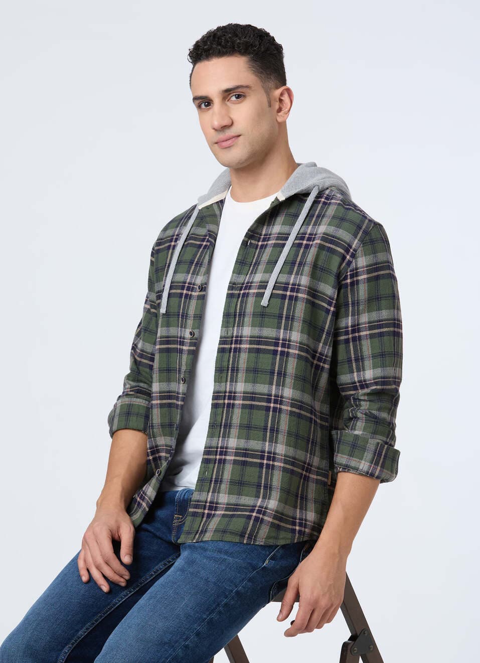 Men Green Hooded Check Full Sleeve Shirt | Pepejeans