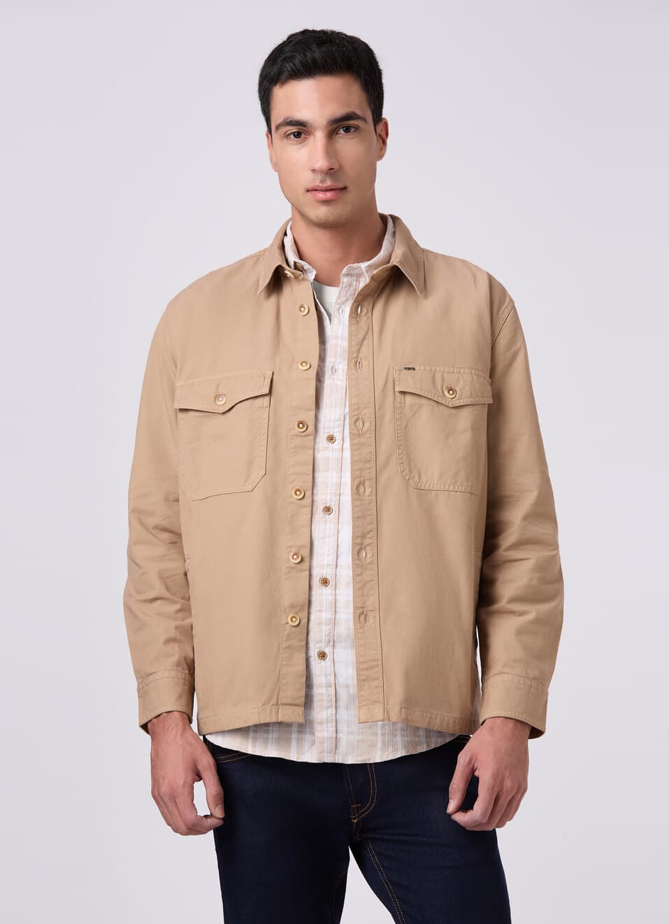Men Khaki Beige Oversized Flap Pockets Shirt | Pepejeans