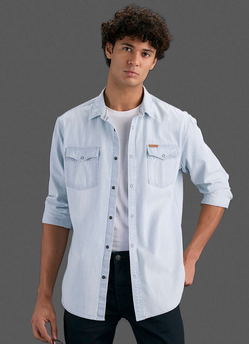 Men Light Blue Denim Long Sleeve Shirt | Pepejeans