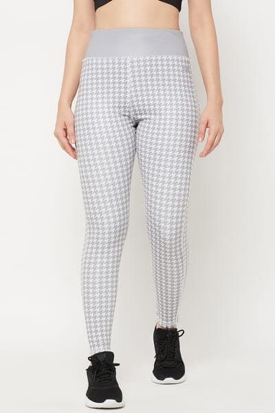 Buy Snug Fit High-Rise Houndstooth Print Active Tights in Grey Online - Clovia
