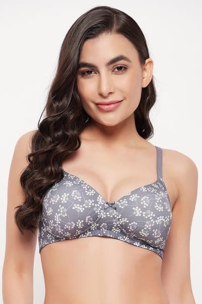 Buy Padded Non-Wired Full Cup Floral Print T-shirt Bra in Light Grey Online - Clovia