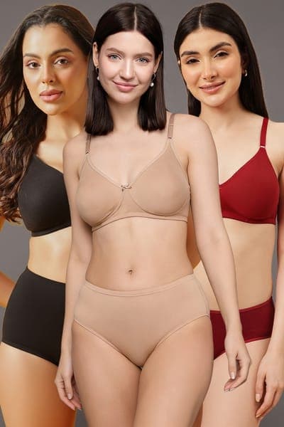 Pack of 6 Non-Padded Non-Wired Full Coverage T-shirt Bras &amp; Hipster Panties - Cotton | Clovia