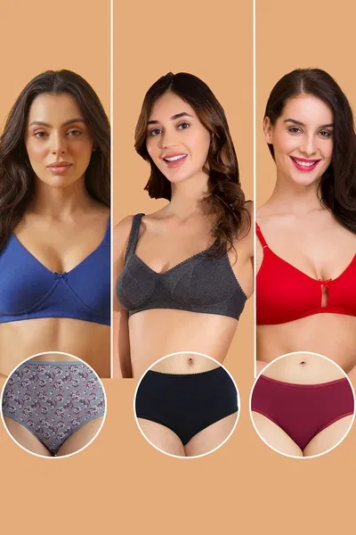Pack of 6 Non-Padded Non-Wired Bras &amp; Hipster Panties - Cotton | Clovia