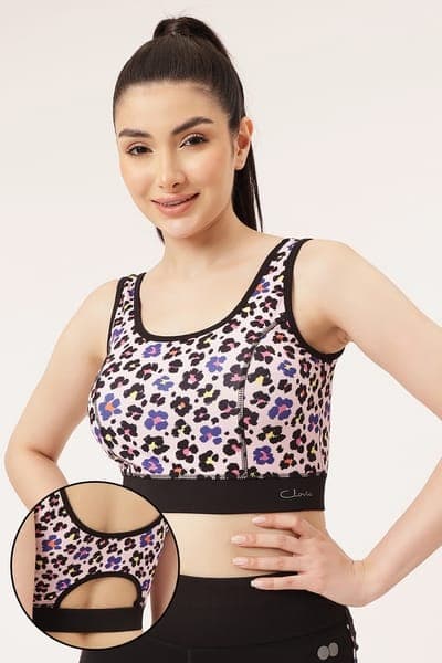 Medium Impact Padded Animal Print Sports Bra in Light Pink with Removable Pads