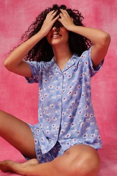 Printed Button-Down Shirt &amp; Shorts Set in Light Blue - Rayon | Clovia