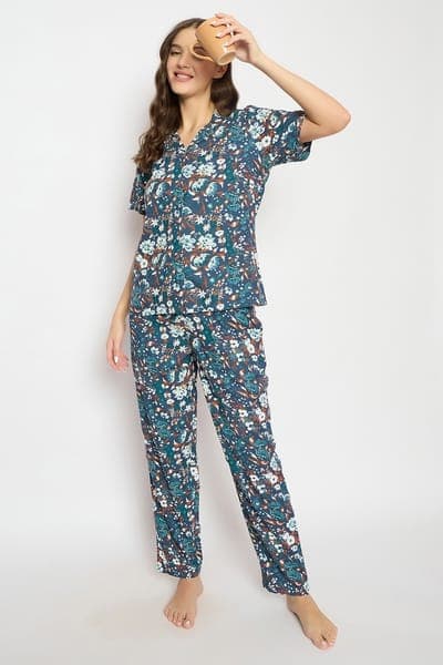 Floral Print Button Down Night Suit in Dark Blue - Rayon