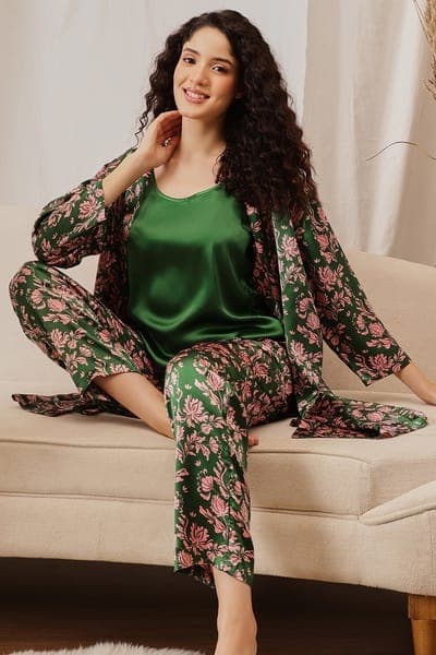 3 Pc Set in Fern Green - Cami Top, Pyjama &amp; Robe - Satin | Clovia
