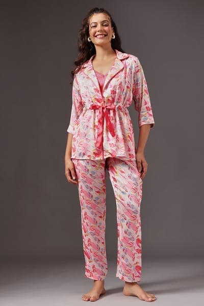 3 Pc Set in Multicolour - Cami Top, Pyjama &amp; Robe - Satin