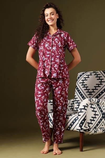 Super-Soft Floral Print Button-Down Night Suit in Maroon | Clovia
