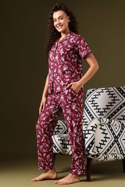 Super-Soft Floral Print Button-Down Night Suit in Maroon