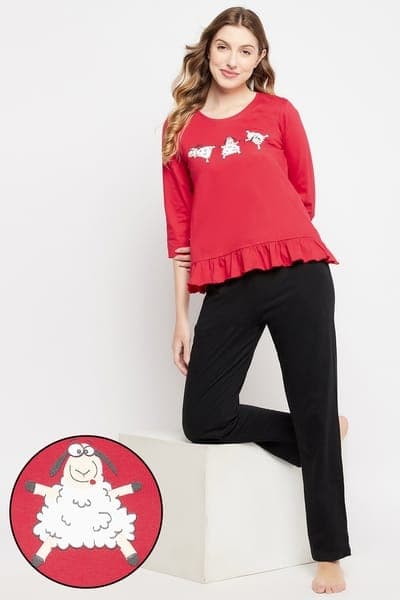 Sheep Print Top in Red &amp; Pyjama in Black - 100% Cotton | Clovia