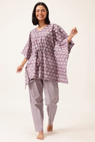 Buy Print Me Pretty Kaftan Top & Pyjama Set in Light Purple - 100% cotton Online - Clovia