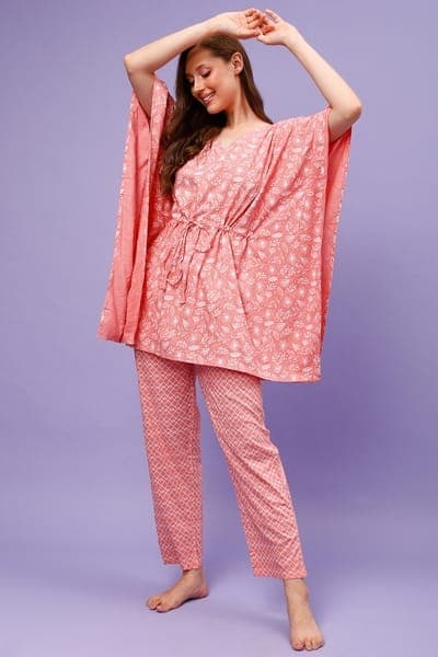 Buy Print Me Kaftan Top & Pyjama Set in Peach Colour - 100% Cotton Online - Clovia