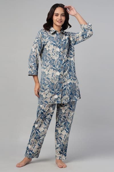 Floral Print Long Button-Down Shirt &amp; Pyjama Set in Light Blue - Rayon