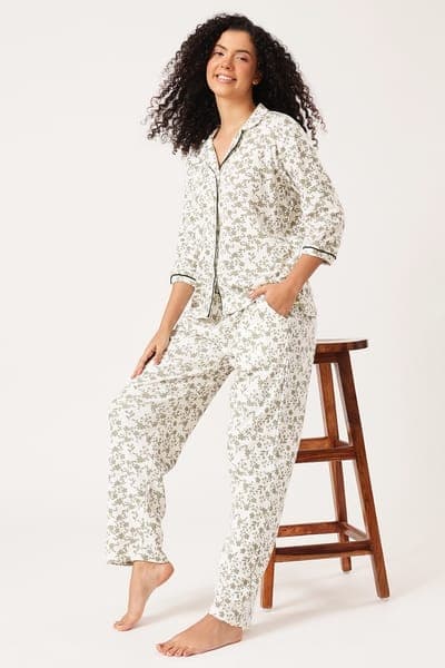 Pointelle Cotton Printed Button Down Shirt &amp; Pyjama Set in White