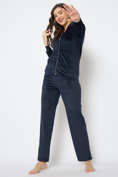 Chic Basic Jacket &amp; Pyjama Set in Navy - Velour