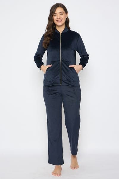 Chic Basic Jacket &amp; Pyjama Set in Navy - Velour | Clovia