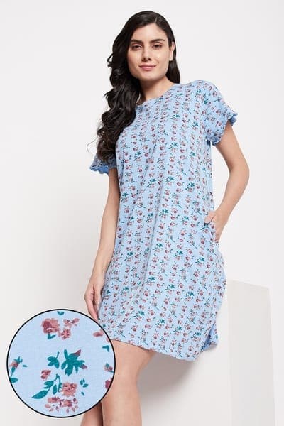 Pretty Florals Short Nighty in Cornflower Blue - 100% Cotton | Clovia