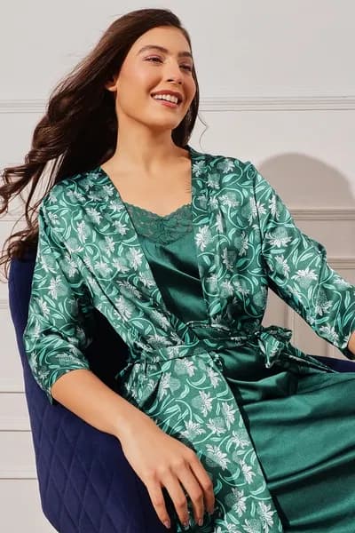 Solid Long Nighty &amp; Floral Print Robe Set in Emerald Green - Satin | Clovia