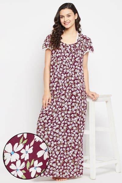 Pretty Florals Long Night Dress in Maroon - Rayon | Clovia