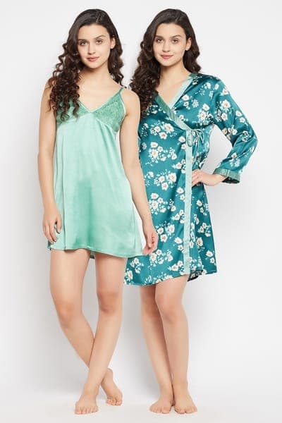 Short Night Dress &amp; Floral Print Robe Set in Green - Satin | Clovia