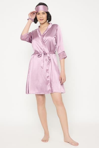 5 Pcs Bridal Nightwear Set in Light Purple - Satin