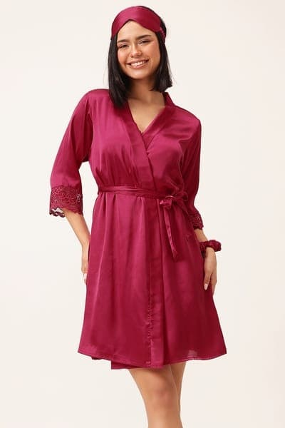 5 Pcs Bridal Nightwear Set in Dark Pink - Satin