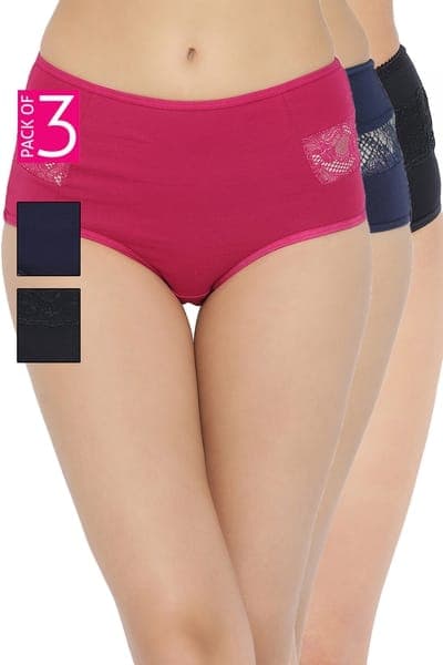 Pack of 3 High Waist Hipster Panty with Lace Inserts - Cotton