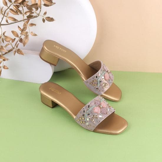 Women Antic-gold Party Slides | Metro Shoes