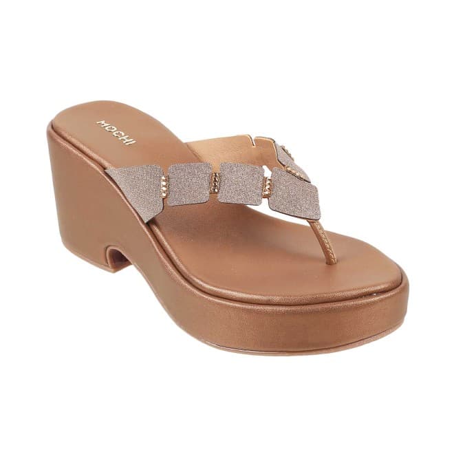 Women Antique-Gold Casual Slip Ons | Mochi Shoes