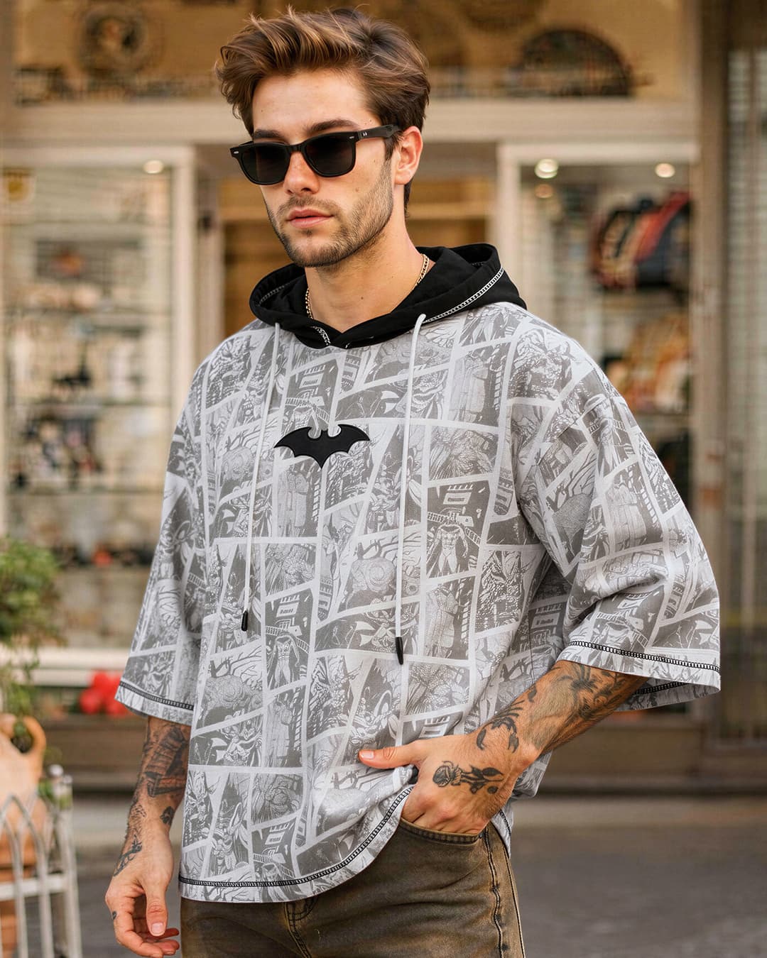 Buy Men's Bright White Batman All Over Printed Oversized Hoodie T-shirt Online at Bewakoof