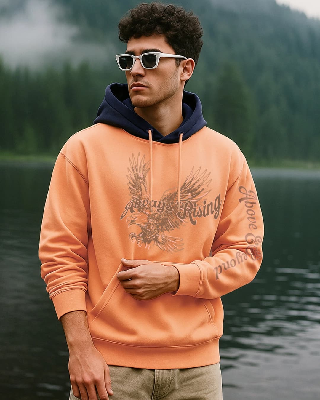 Buy Men's Peach Cobbler & Navy Blue Graphic Printed Oversized Hoodies Online at Bewakoof