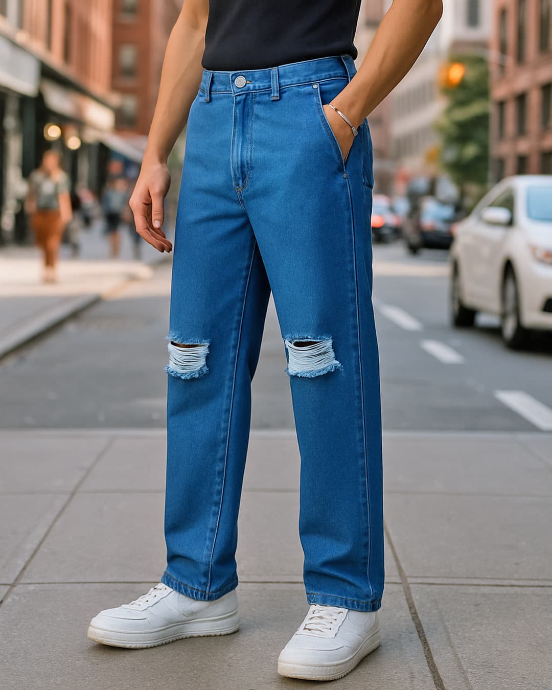 Buy Men's Blue Washed Straight Fit Distressed Mid-Rise Jeans Online at Bewakoof | Bewakoof
