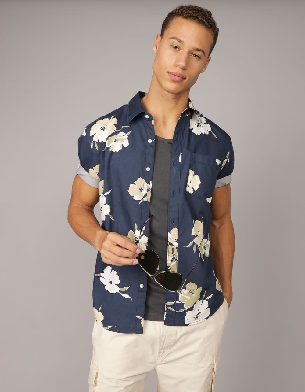 American Eagle Men Navy Poolside Button-Up Shirt | Aeo