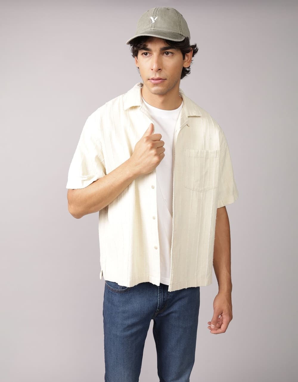 American Eagle Men Cream Poolside Striped Button-Up Shirt | Aeo