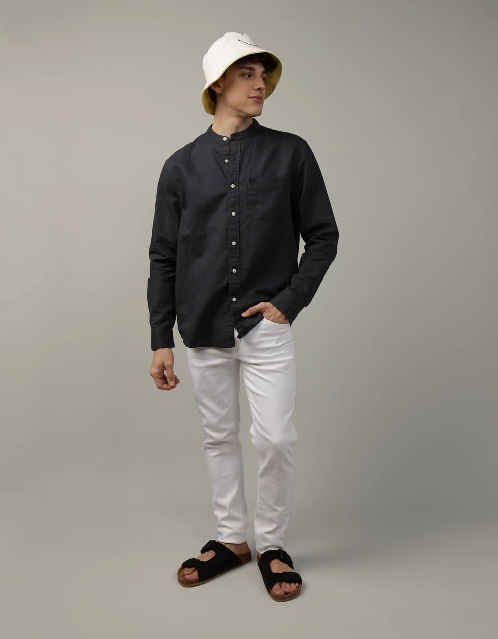 American Eagle Men Black Band Collar Linen-Blend Button-Up Shirt | Aeo