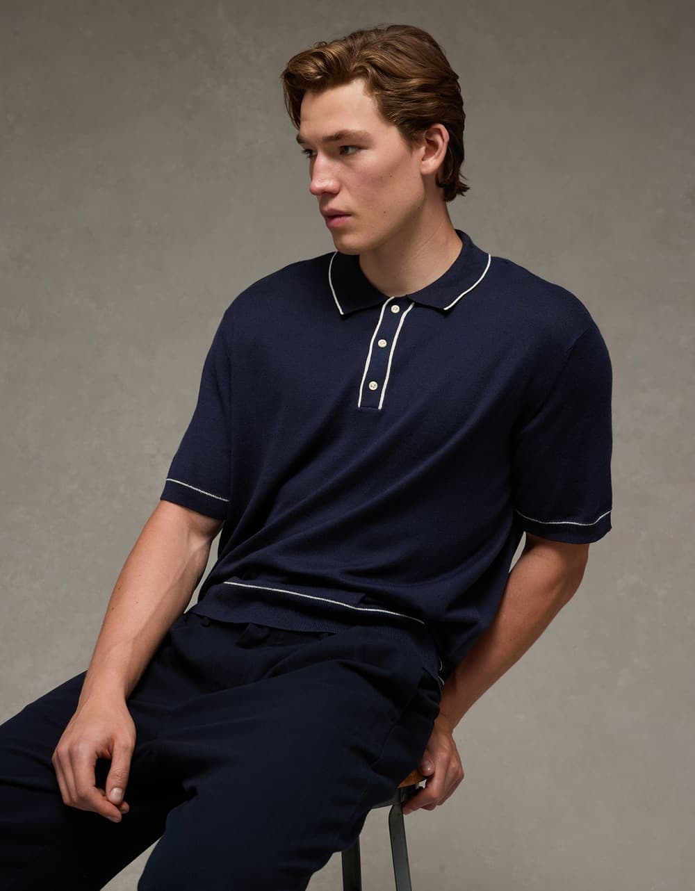 American Eagle Men Navy Tipped Sweater Polo Shirt | Aeo