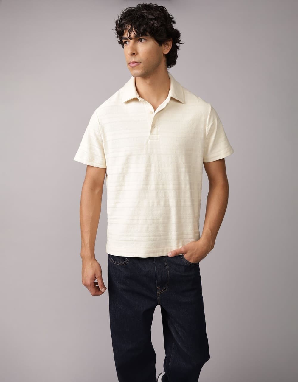 American Eagle Men Cream Textured Polo Shirt | Aeo