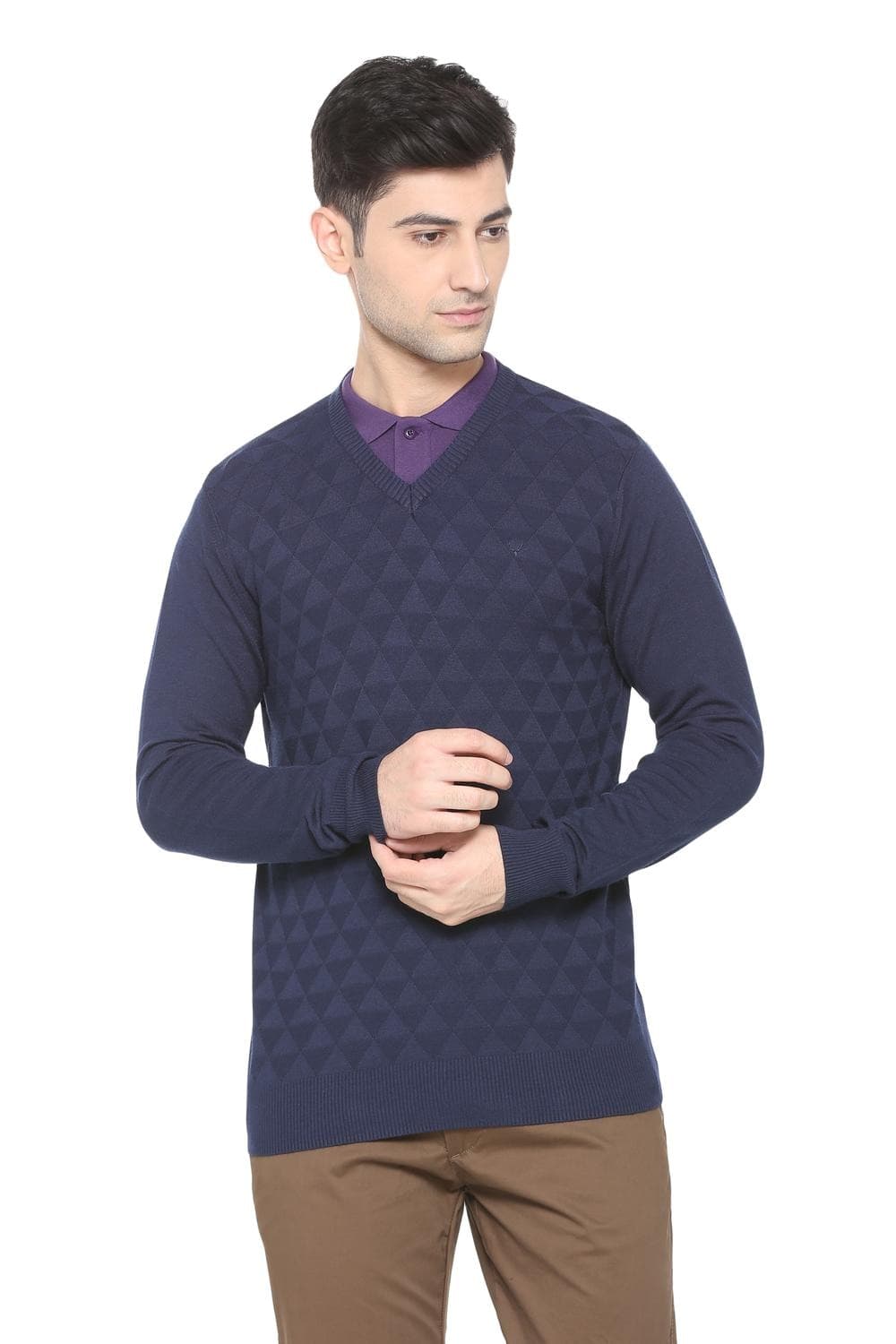 Men Navy Checked V Neck Full Sleeves Sweater