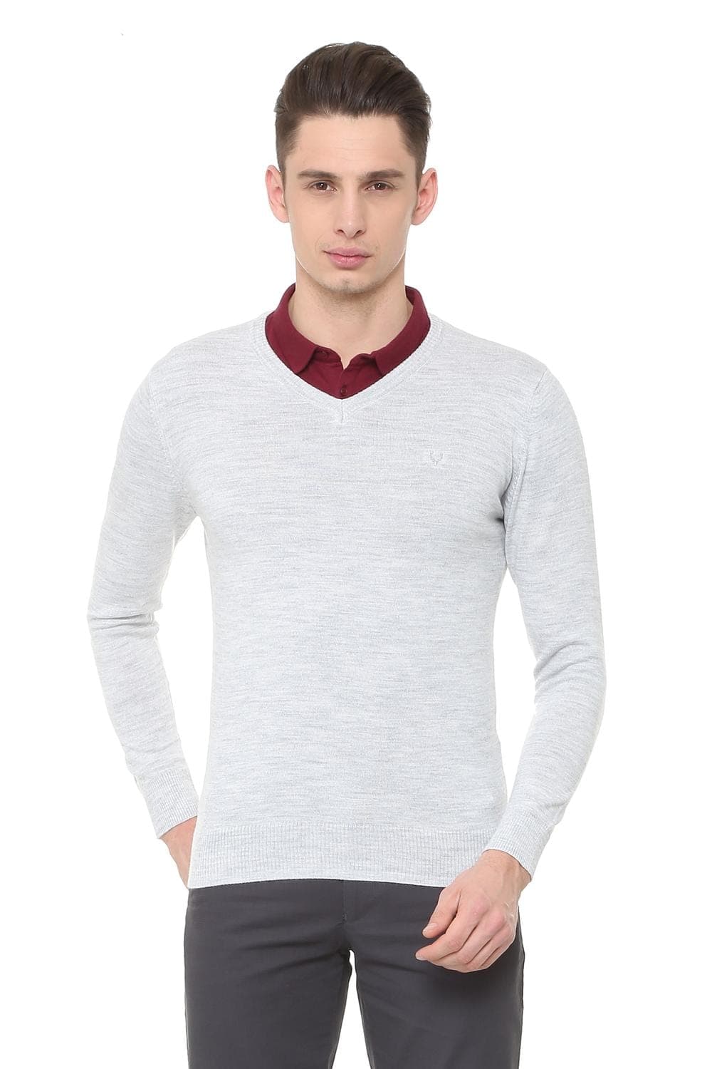Men Grey Textured V Neck Full Sleeves Sweater