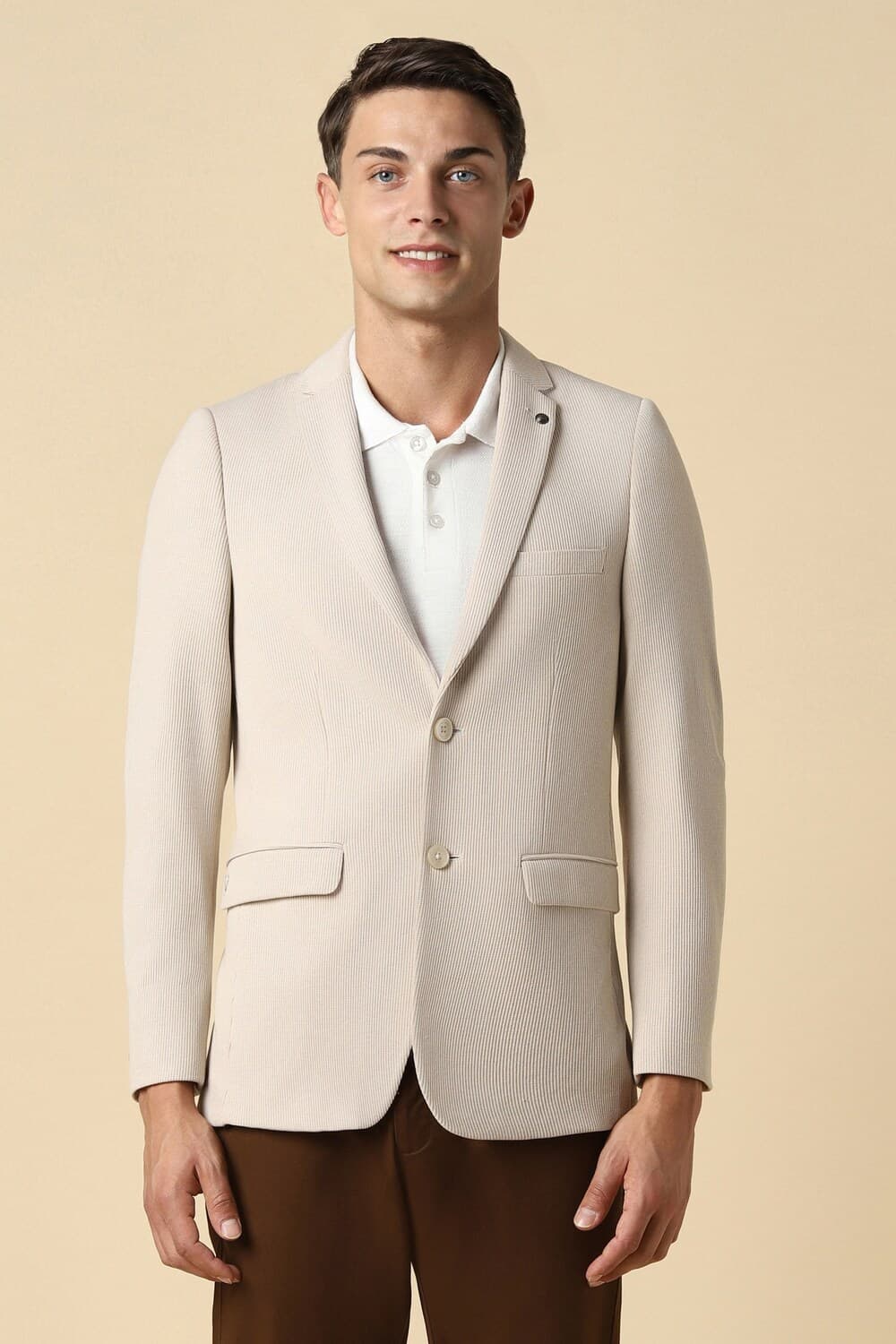 Men Beige Slim Fit Striped Casual Blazer