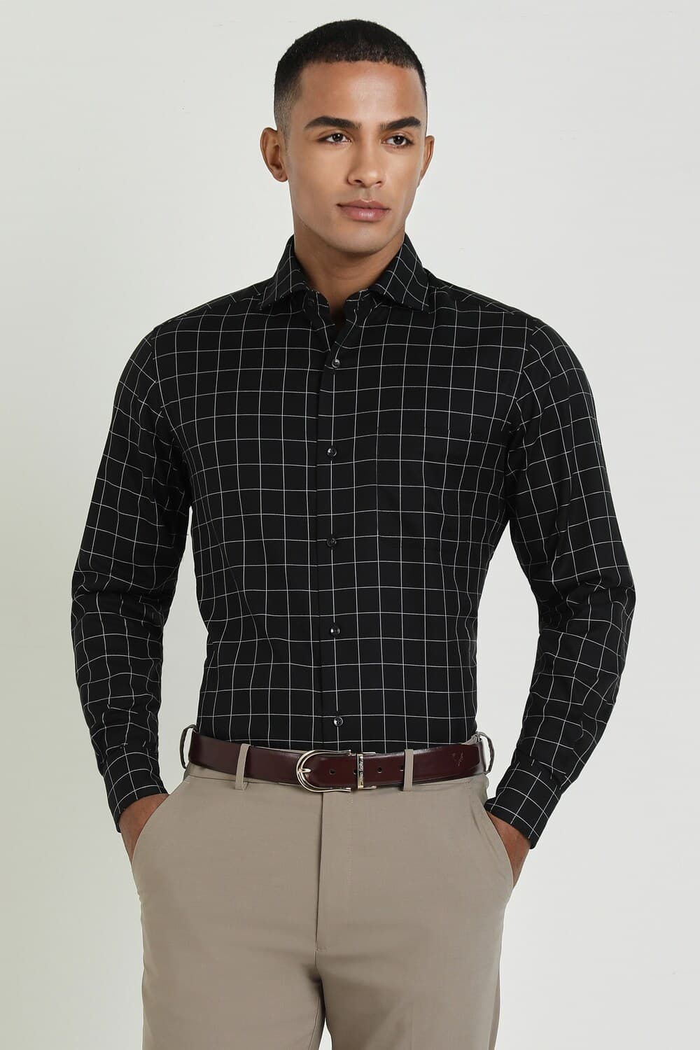 Men Black Regular Fit Checked Full Sleeves Wrinkle Resistant Formal shirt
