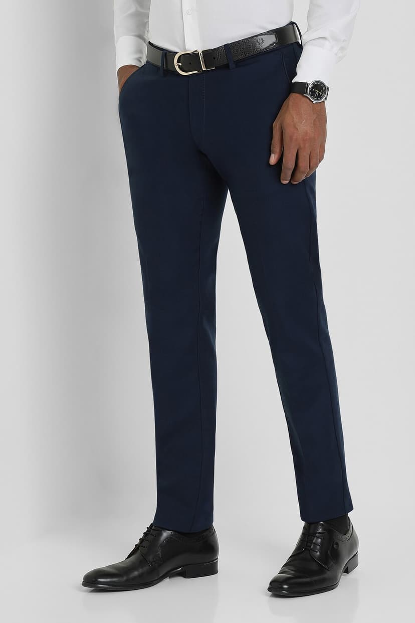 Men Navy Slim Fit Solid Formal Trousers