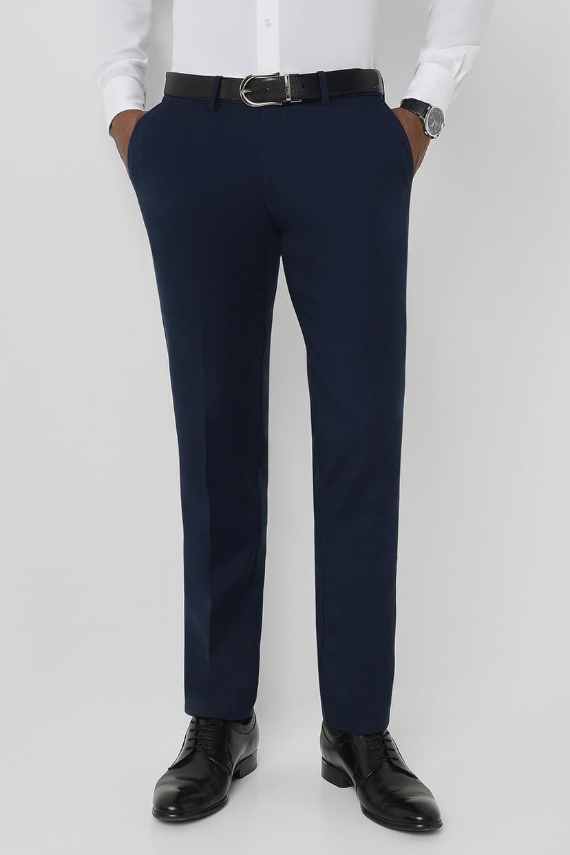 Men Navy Slim Fit Solid Formal Trousers